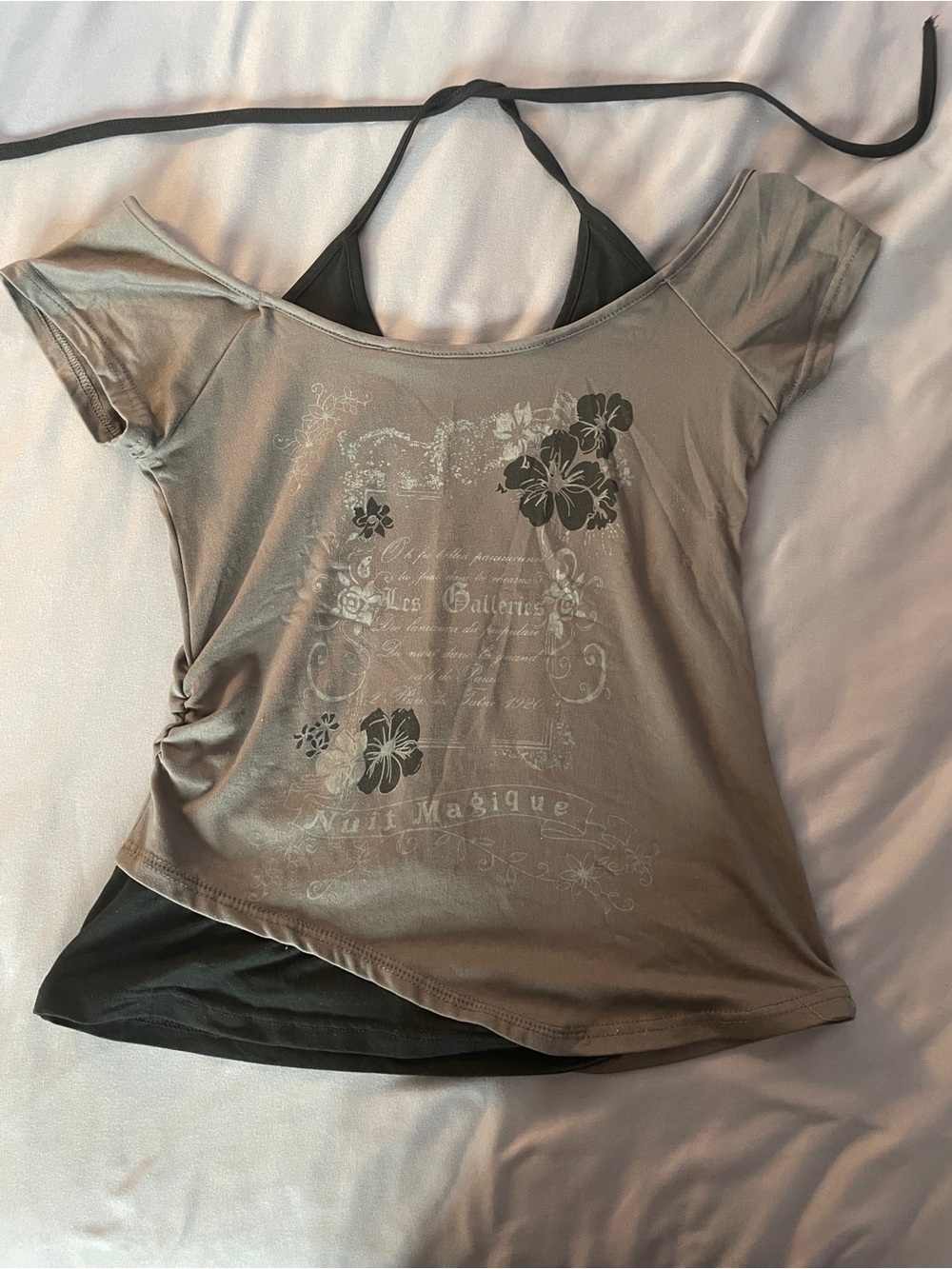 Women’s Grey Graphic Cold-Shoulder Top with Halter Detail